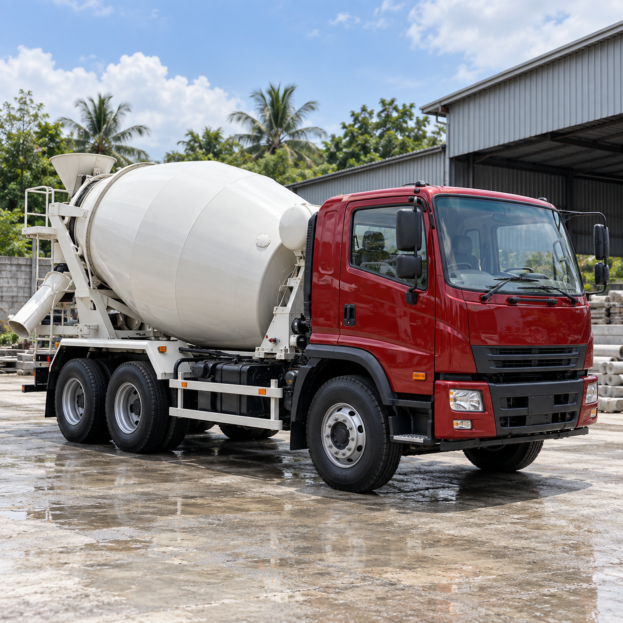 Ilustrasi konsep lori mixer konkrit berkabin rata berwarna merah dengan drum putih di kawasan industri Malaysia